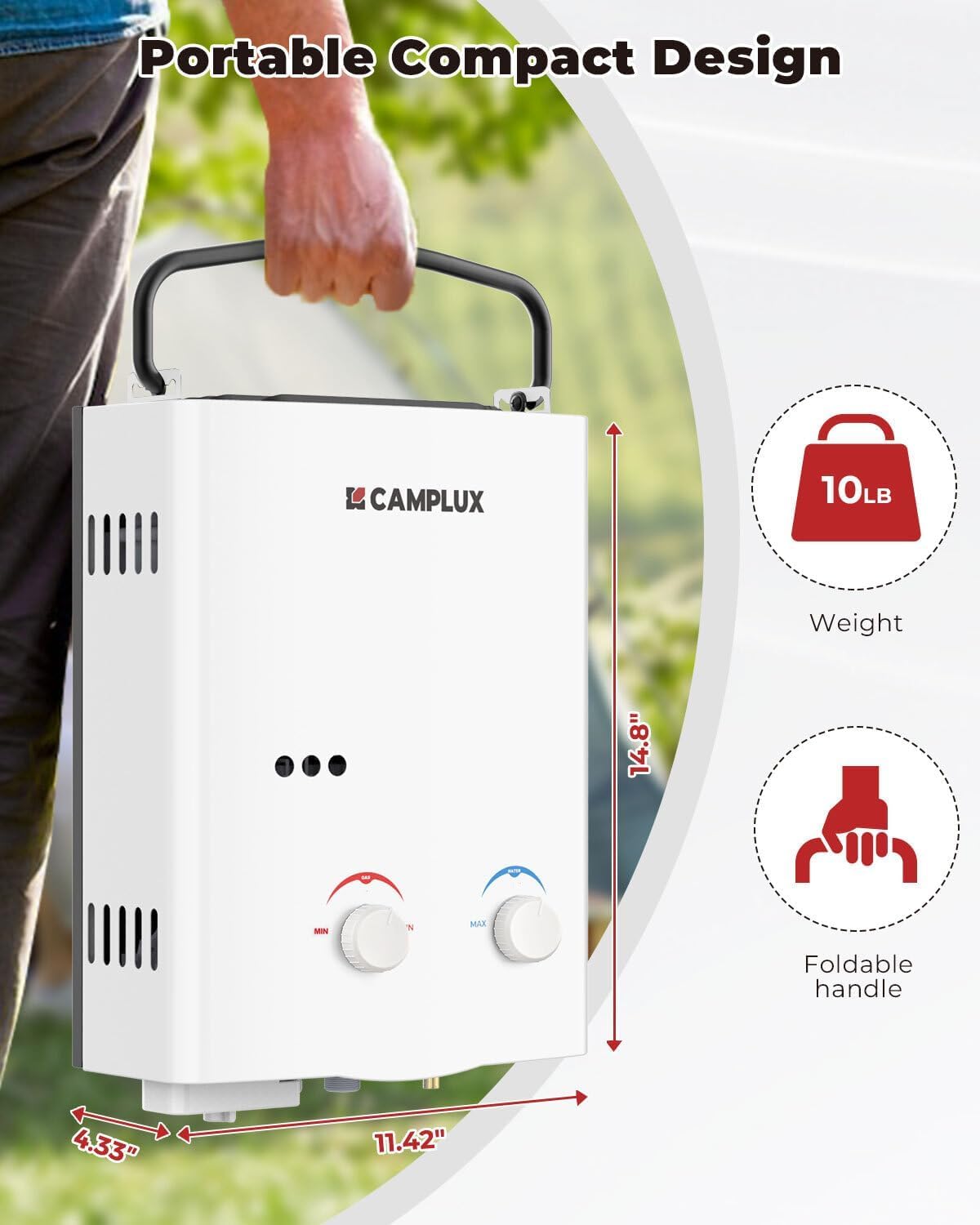 Camplux AY132 5L 1.32 GPM Outdoor Portable Propane Tankless Water Heater, White